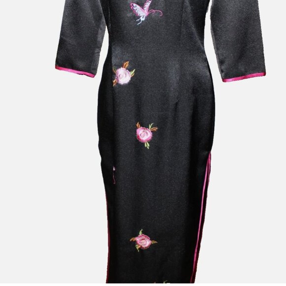 Long Black Satin Dress Floral Butterfly Side Slits Mandrin Collar Eastern XS - Picture 2 of 8